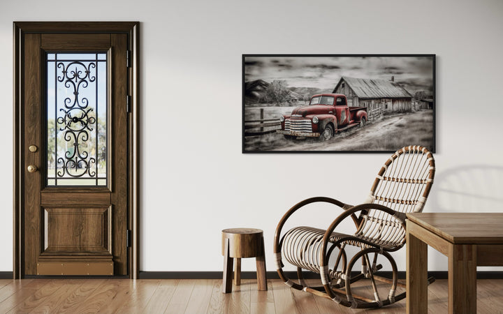 Red Truck And Barn Rustic Farmhouse Wall Decor in a room with a rocking chair