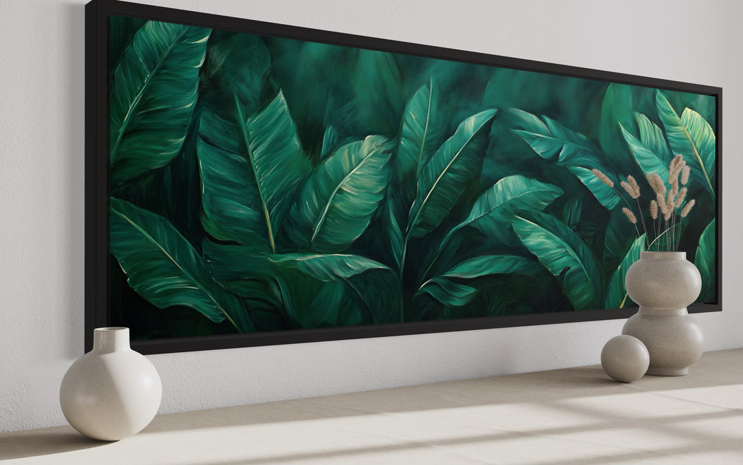 Green Tropical Leaves Long Narrow Horizontal Framed Canvas Wall Art side view