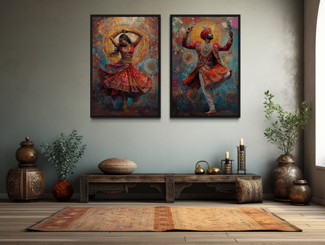 2 Piece Indian Man And Woman Dancing Framed Canvas Wall Art in an Indian living room with a couch