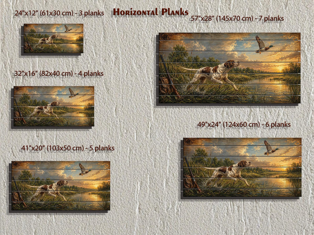 Hunting dog chasing a duck at sunset on horizontal wood planks in five different size options.