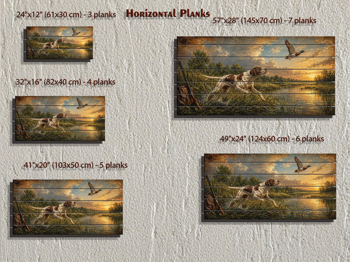 Hunting dog chasing a duck at sunset on horizontal wood planks in five different size options.