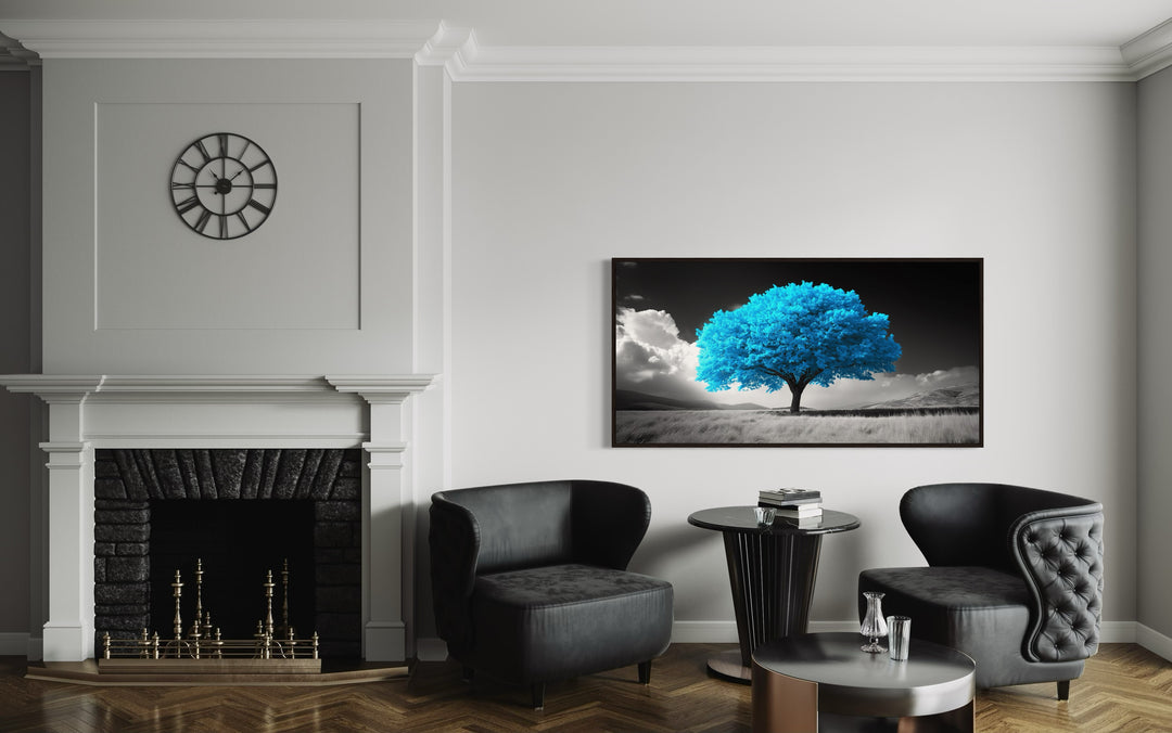 Blue Tree on Black White Background Framed Canvas Wall Art in living room