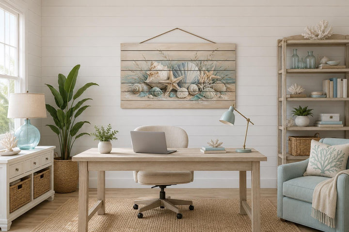 Seashells and starfish watercolor print on distressed wood planks with a rope hanger.