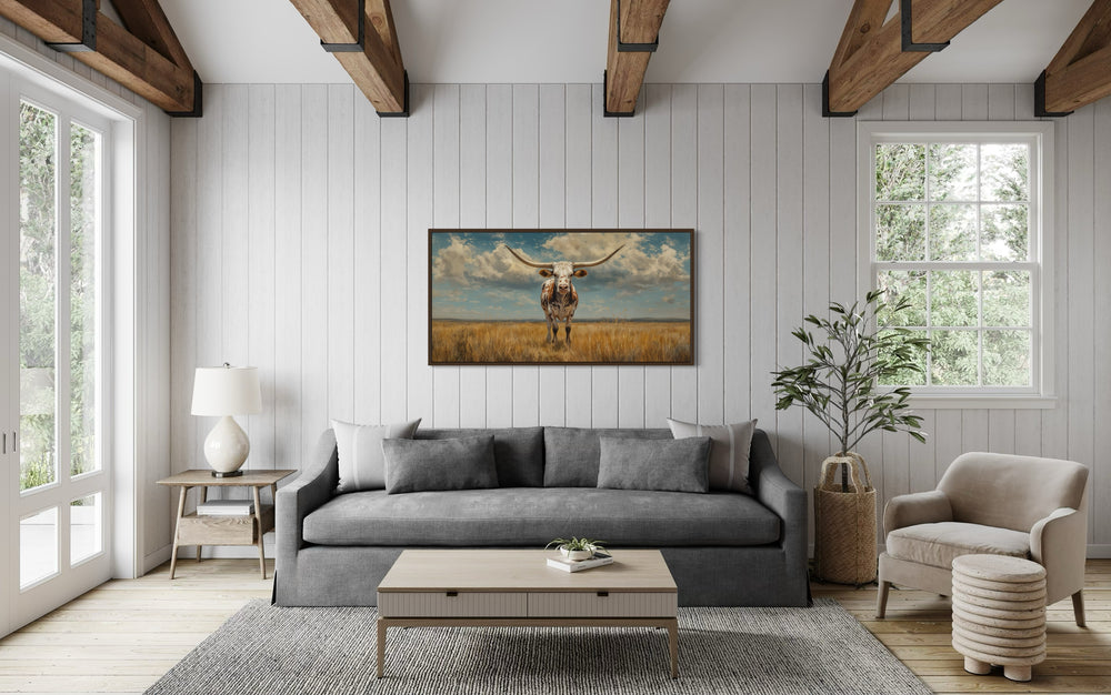 Texas Longhorn Cow In The Prairie Framed Canvas Wall Art in rustic a living room filled with furniture