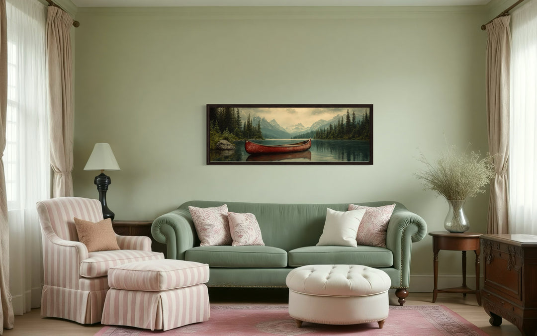 Old Red Canoe In The Lake Rustic Framed Canvas Wall Art in green living room