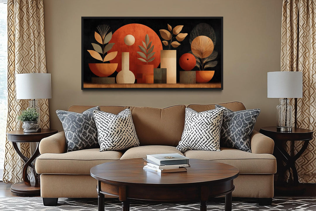 Boho Terracotta Wall Art - Abstract Canvas Print with Vases and Leaves for Neutral Decor