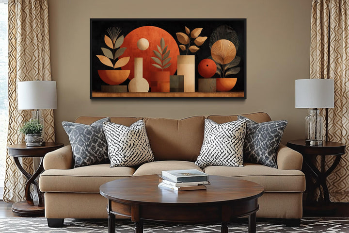Boho Terracotta Wall Art - Abstract Canvas Print with Vases and Leaves for Neutral Decor