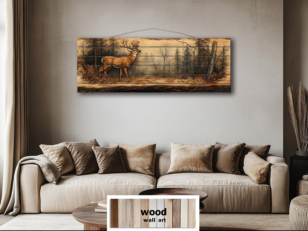 Deer In Forest Long Horizontal Distressed Wood Wall Art