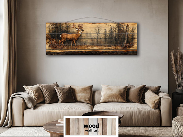 Deer In Forest Long Horizontal Distressed Wood Wall Art