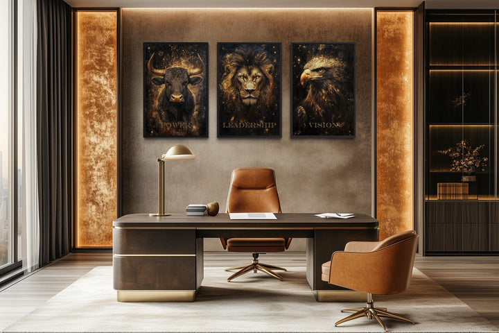 Leadership Wall Art – Motivational Lion Bull Eagle Office Canvas Set for Executive Workspace