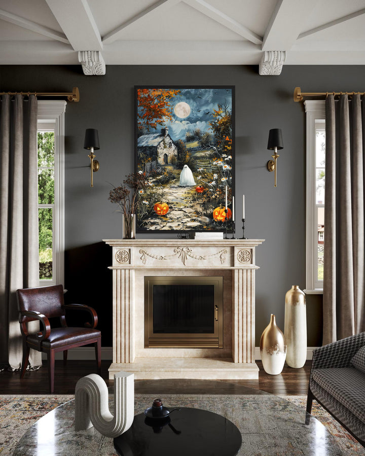 Spooky Ghost Decor with Full Moon And Pumpkin Path Halloween Canvas Wall Art