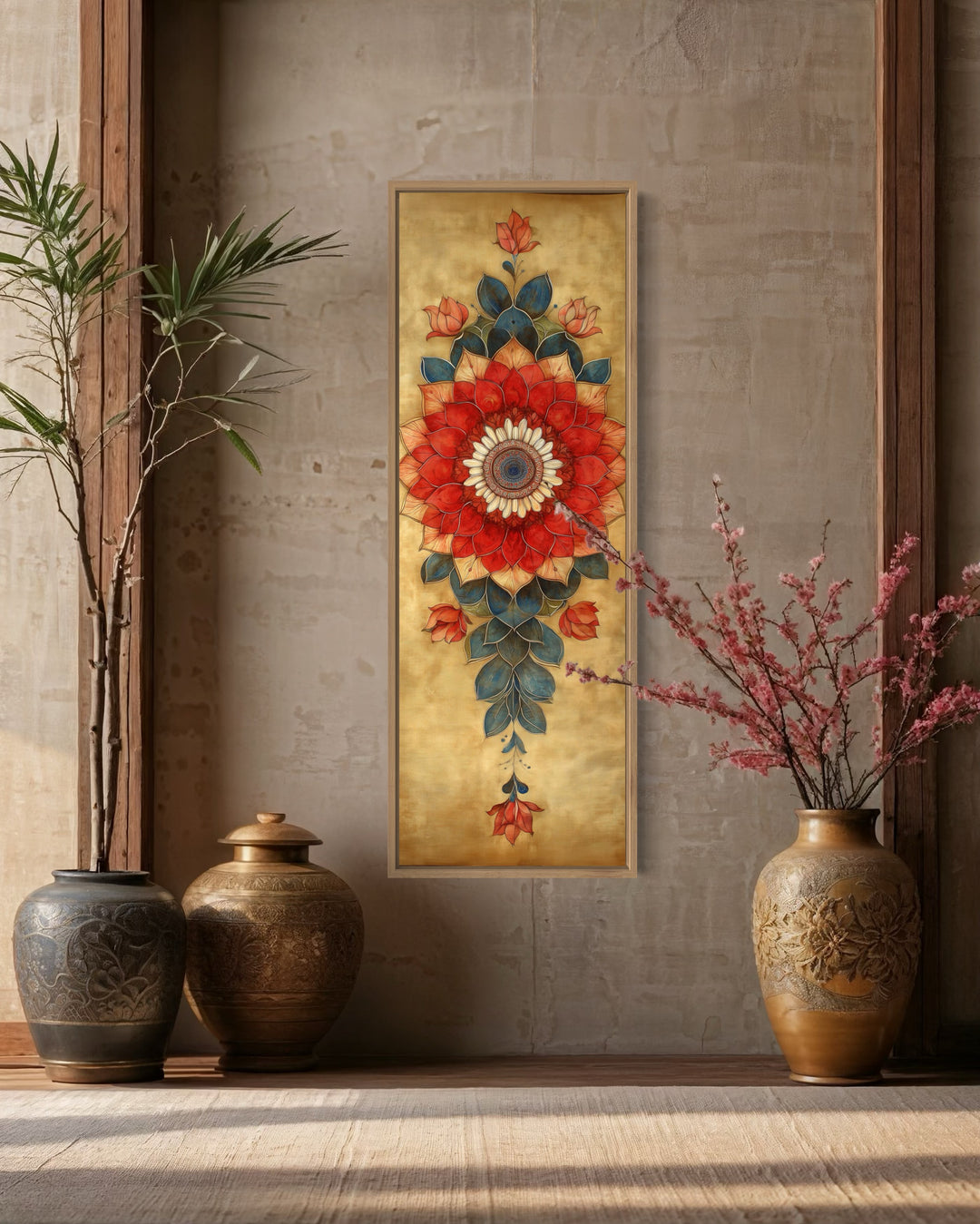 Tall Vertical Narrow Boho Floral Mandala Tapestry Framed Canvas Wall Decor in boho room