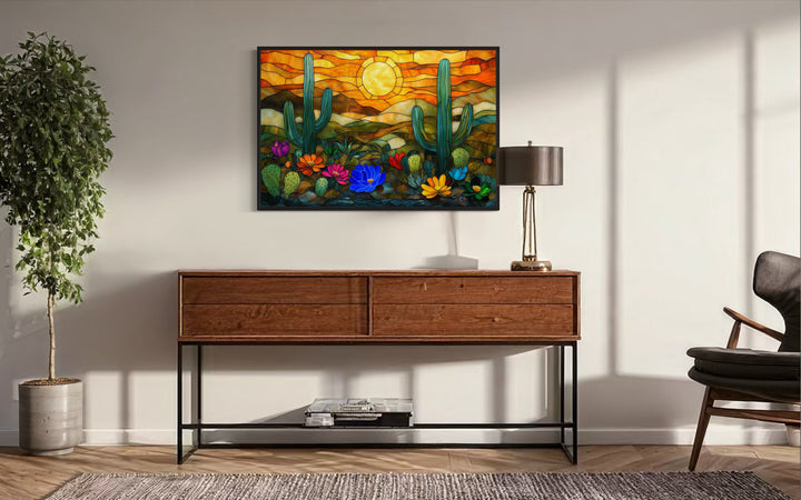 Colorful Desert And Cacti Stained Glass Style Framed Canvas Wall Art above table