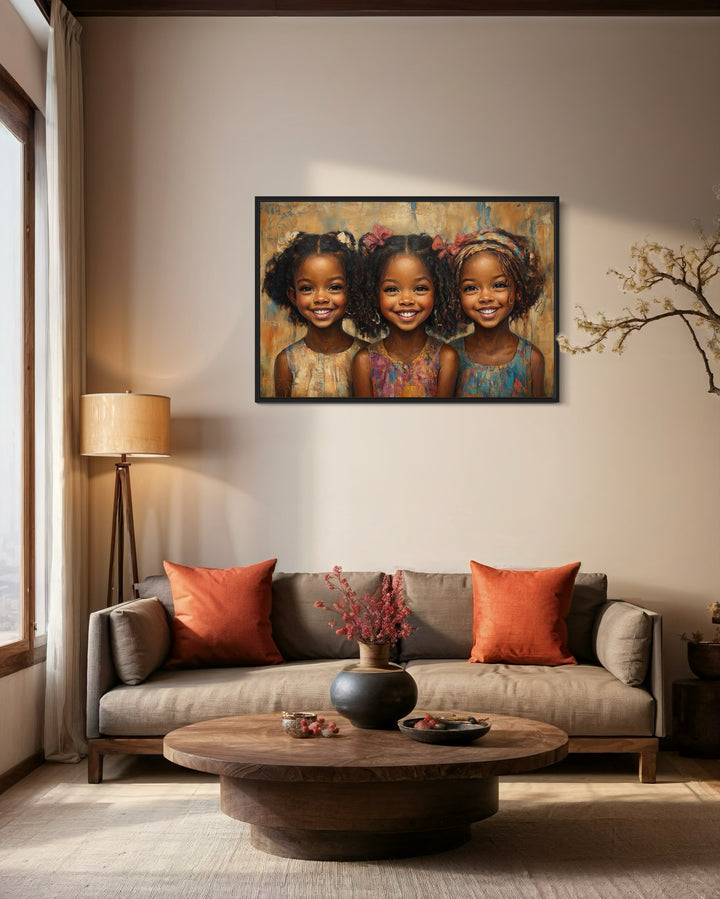 Three Happy Black Girls Smiling Framed Canvas Wall Art in a living room with a couch