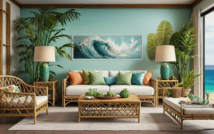 Teal Ocean Wave Coastal Horizontal Framed Canvas Wall Art in a living room filled with furniture and a painting on the wall