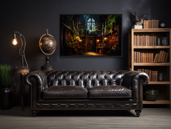 Vintage Magical Library Framed Canvas Wall Art in a living room with a couch and a book shelf