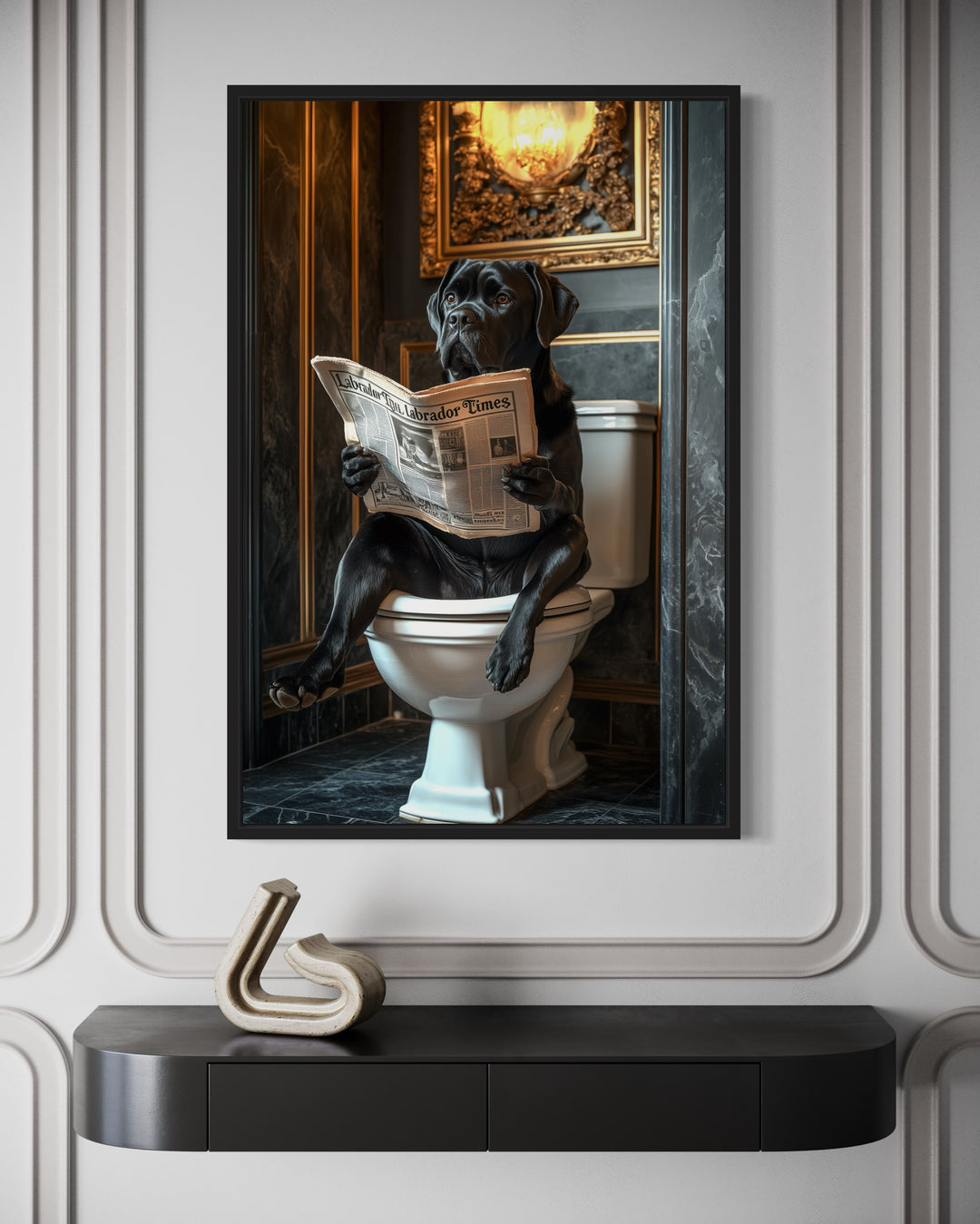 Black Labrador Retriever On Toilet Reading Newspaper Picture