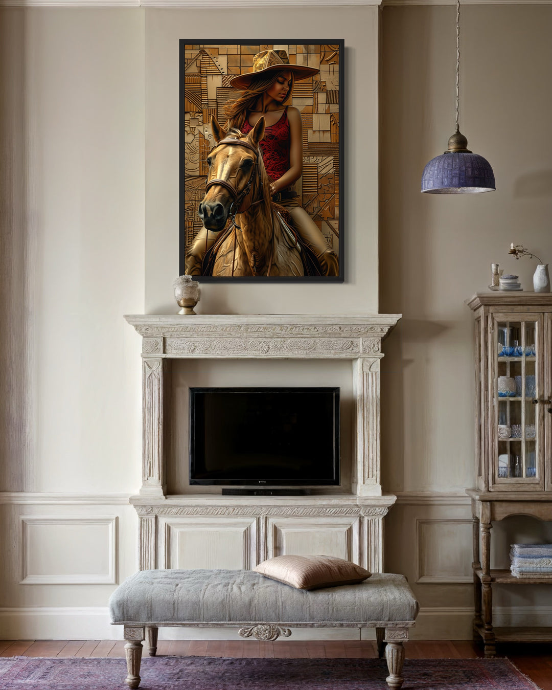 a painting of a woman riding a horse in a living room