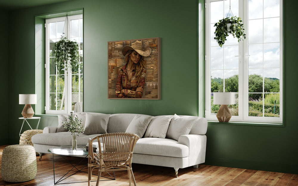 Cowgirl Portrait In Hat Framed Canvas Wall Art in a living room with green walls and a white couch