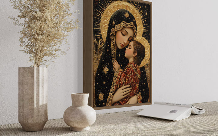 Virgin Mary And Baby Jesus Modern Icon Framed Christian Canvas Wall Art side view