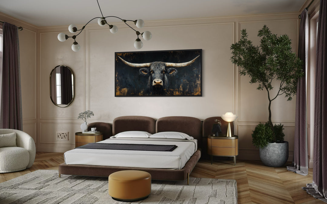 Black Texas Longhorn Head On Black Background Framed Canvas Wall Art in bedroom