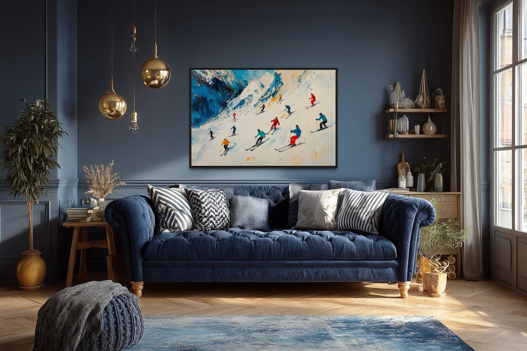 Colorful Skiers on Mountain Slope Framed Canvas Wall Art