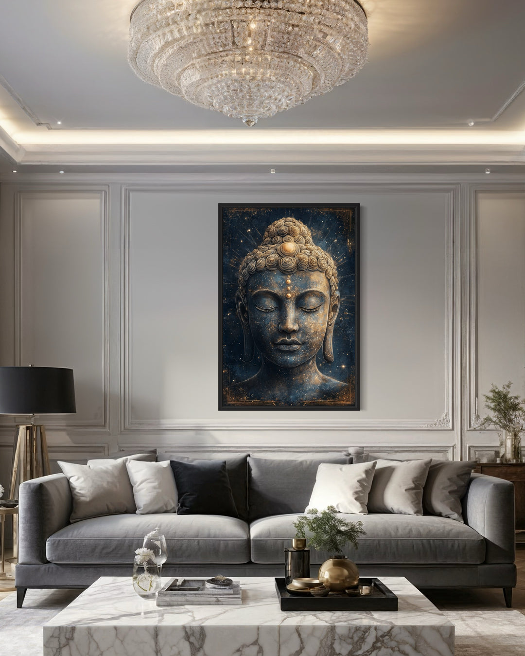 Navy Blue Buddha Statue Zen Cosmic Framed Canvas Wall Art in a living room with a couch, coffee table and chandelier