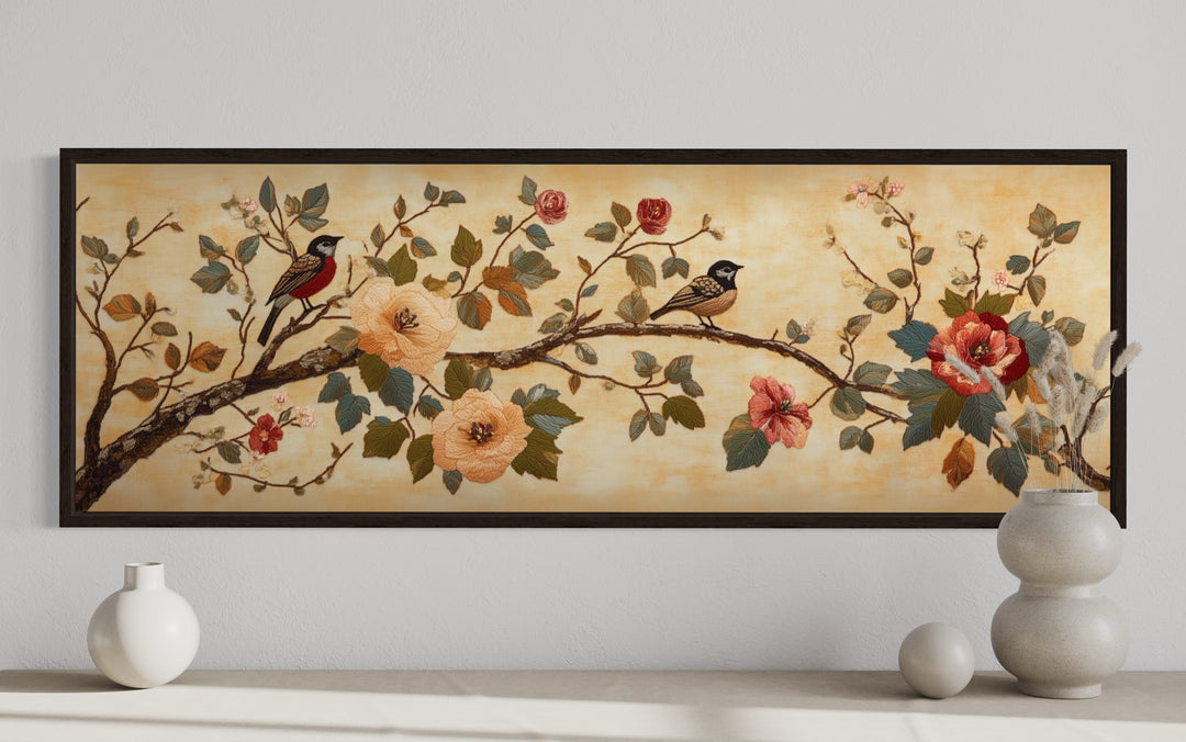 Birds On A Branch Long Horizontal Antique Framed Tapestry Canvas Wall Art close up