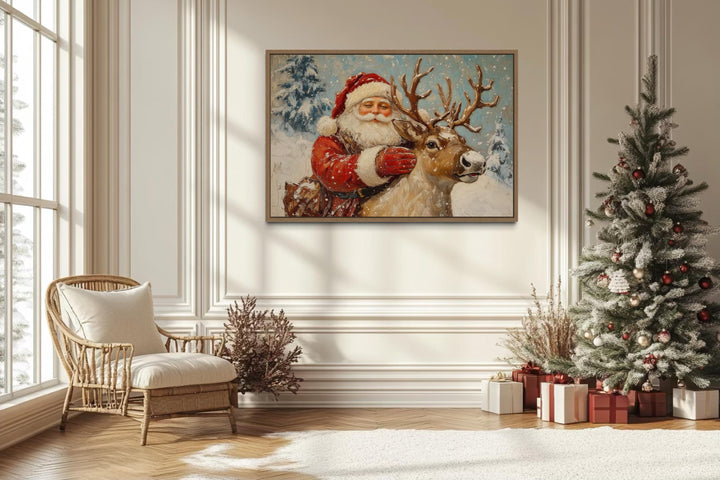 Santa Claus With Reindeer Christmas Canvas Wall Art