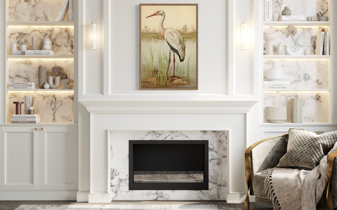 Vintage Stork Painting Coastal Framed Canvas Wall Art in a living room with a fire place