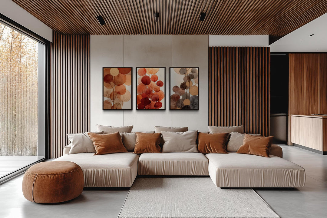 Abstract Botanical Wall Art Set of 3 – Warm Autumn Tones Canvas Prints, Burnt Orange and Beige Leave