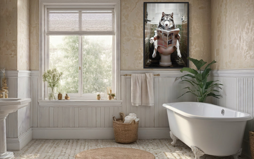 Alaskan Husky Dog On The Toilet Reading Newspaper Picture in the bathroom