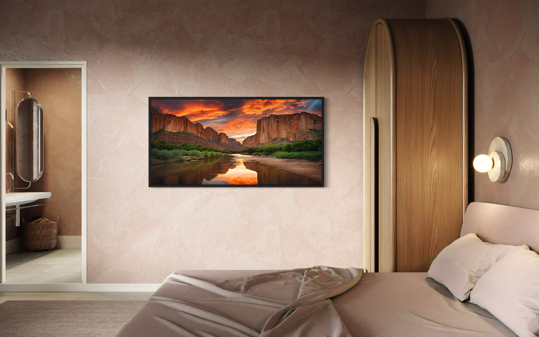 Santa Elena Canyon Big Bend National Park Sunset Canvas Wall Art in a living room filled with furniture a bed room with a neatly made bed