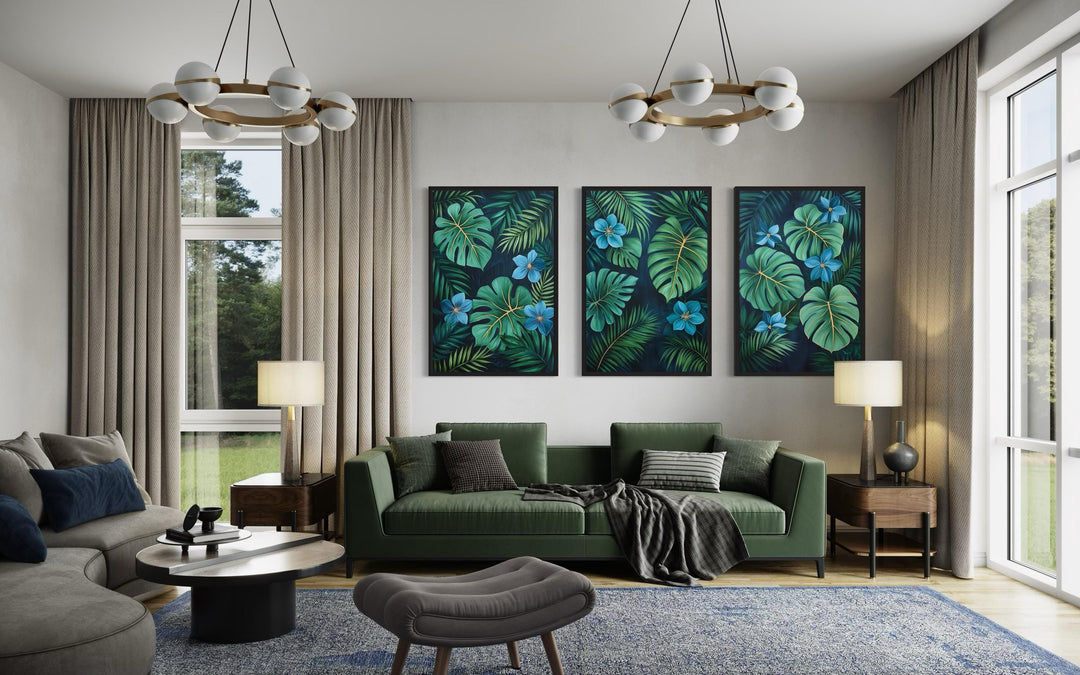 Rainforest Canvas Wall Art – Set of 3 Tropical Botanical Prints | Green Gold Blue