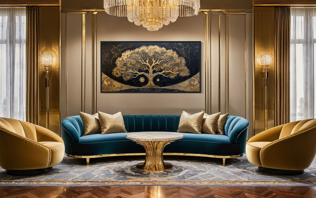 Golden Tree of Life on Black Background Canvas Wall Art in living room