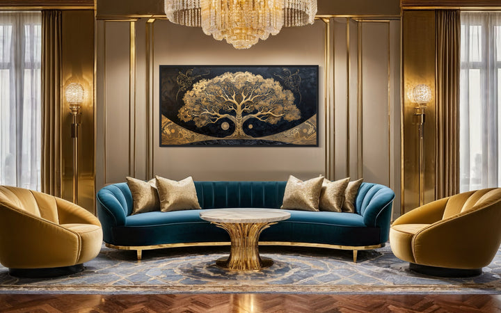 Golden Tree of Life on Black Background Canvas Wall Art in living room