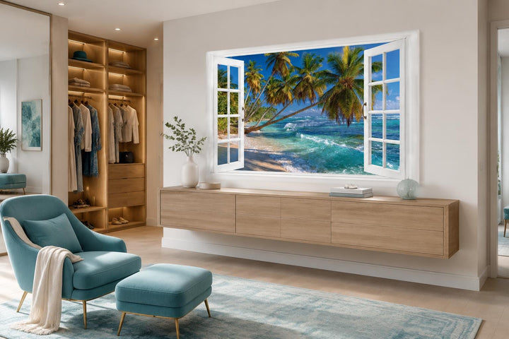 Window view canvas art of a tropical beach with palm trees and turquoise water on a white wall.