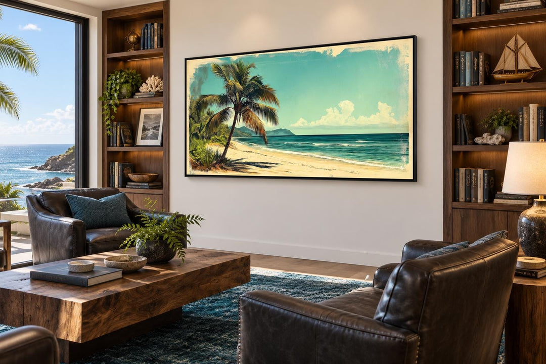 Vintage Style  Tropical Beach With Palm Tree Canvas Wall Art
