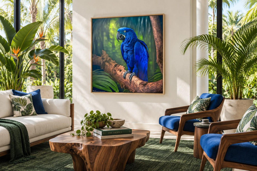 Hyacinth Macaw Parrot Tropical Canvas Wall Art in a modern living room with blue chairs.