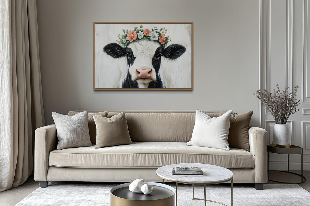 Cow With Floral Wreath Canvas Wall Art – Rustic Farmhouse Floral Decor