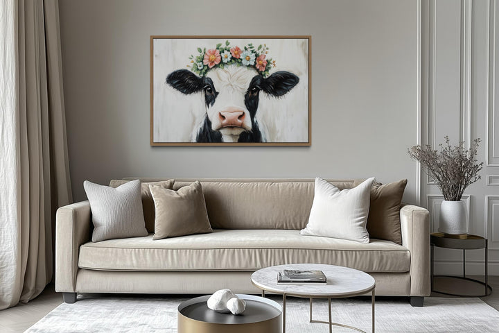 Cow With Floral Wreath Canvas Wall Art – Rustic Farmhouse Floral Decor