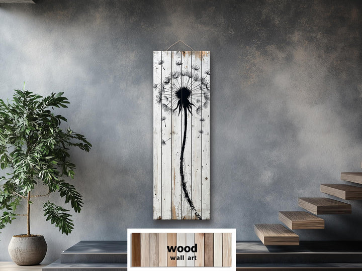 Tall Vertical Dandelion Wall Art - Whitewashed Distressed Wood Slim Rustic Floral Decor
