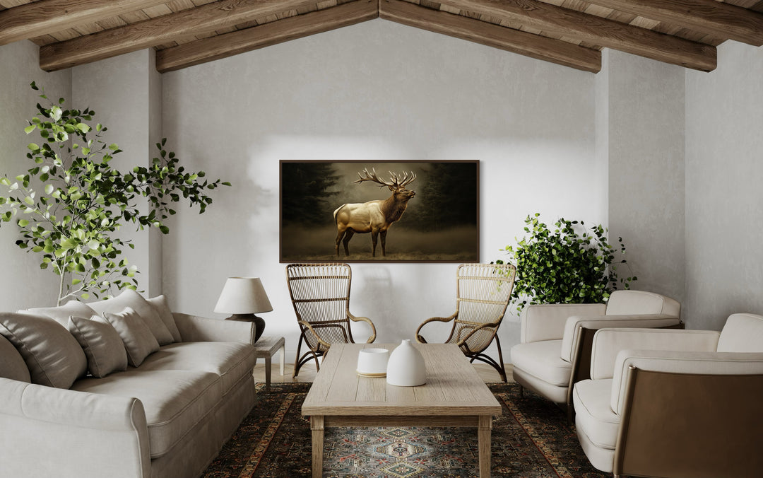 Elk In Dark Foggy Forest Framed Canvas Wall Art For Cabin Decor in cabin living room