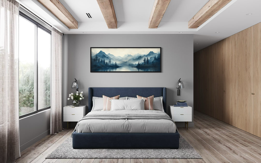 Navy Blue Mountain Lake Landscape Long Horizontal Above Bed Framed Canvas Wall Art