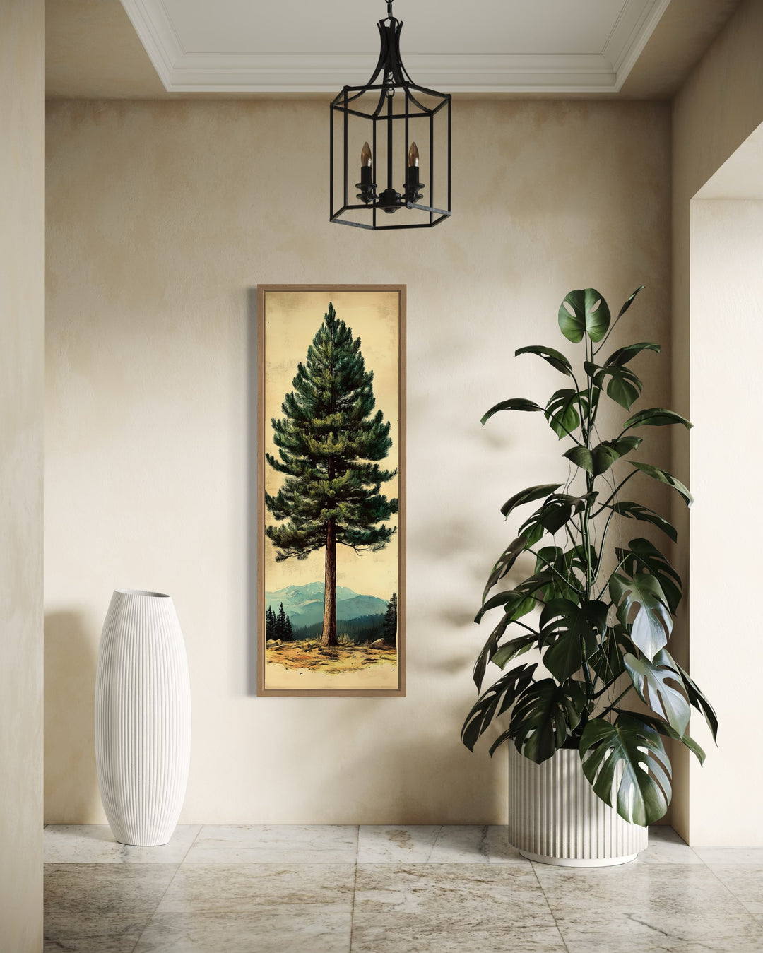 Tall Narrow Vertical Rustic Pine Tree Framed Canvas Wall Art in the living room