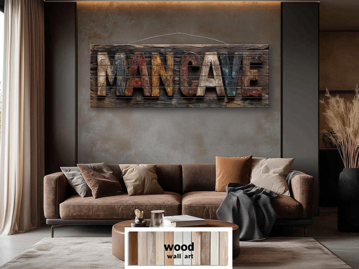 Man Cave Distressed Wood Sign Rustic Masculine Den Wall Art
