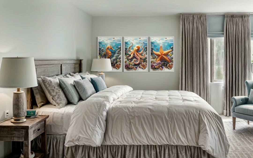 3 Piece Octopus, Seahorse And Starfish Framed Canvas Wall Art in coastal bedroom