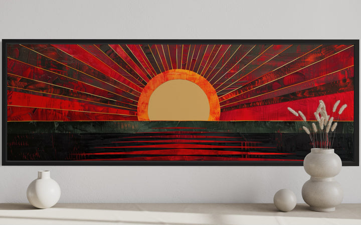 Mid Century Modern Black Red Long Horizontal Sun Wall Art close up