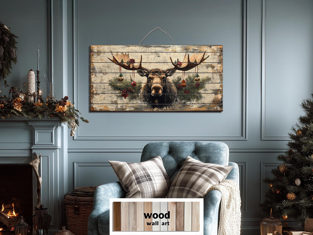 Rustic Christmas Moose With Ornaments Distressed Wood Wall Art