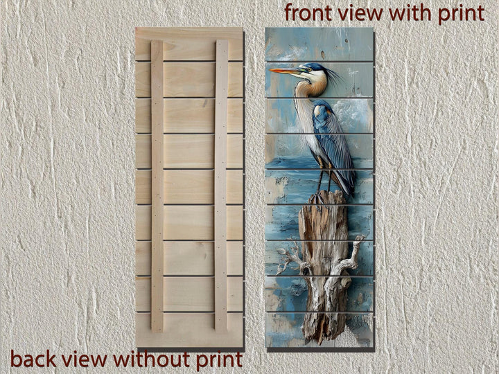 Vertical Blue Heron Wall Art - Distressed Wood Coastal Decor for Lake House
